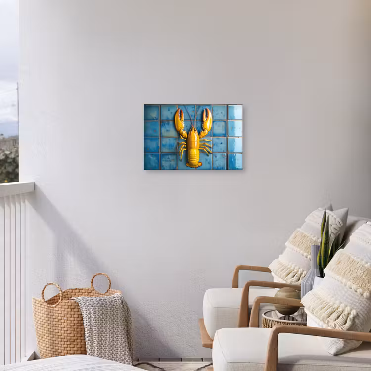 Kreeft - Geel - Blauw - Tegels Tuinposter op houten frame 2 cm dik klein -sfeer1