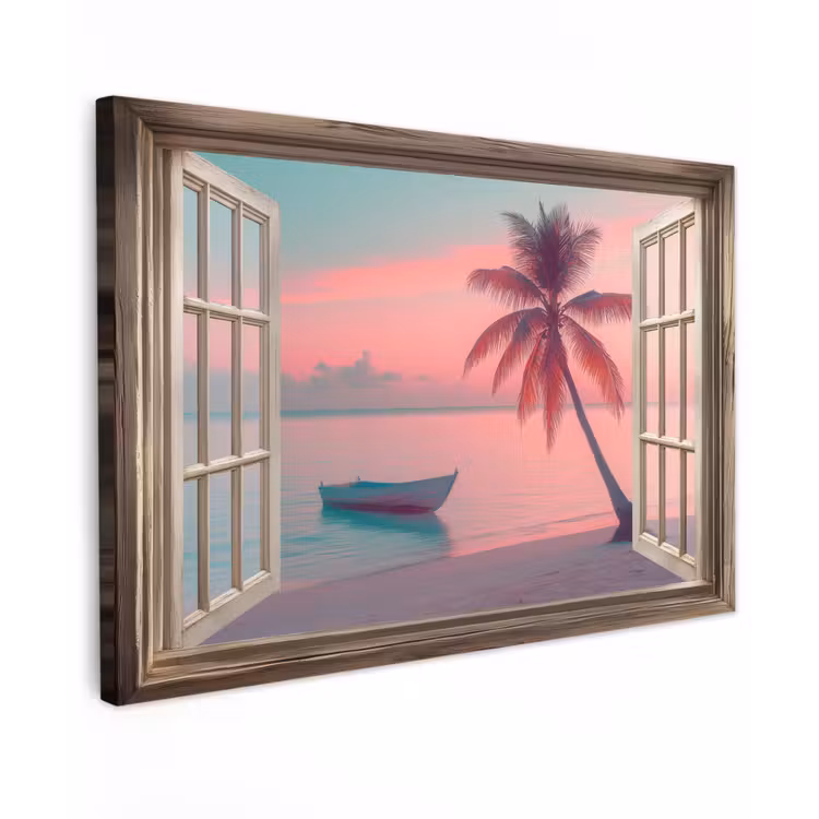 Doorkijk - Strand - Palmboom - Tropisch Tuinposter op houten frame 2 cm dik klein -3d