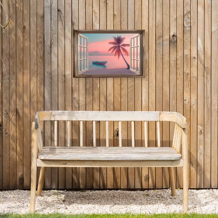 Doorkijk - Strand - Palmboom - Tropisch Tuinposter op houten frame 2 cm dik klein -sfeer4