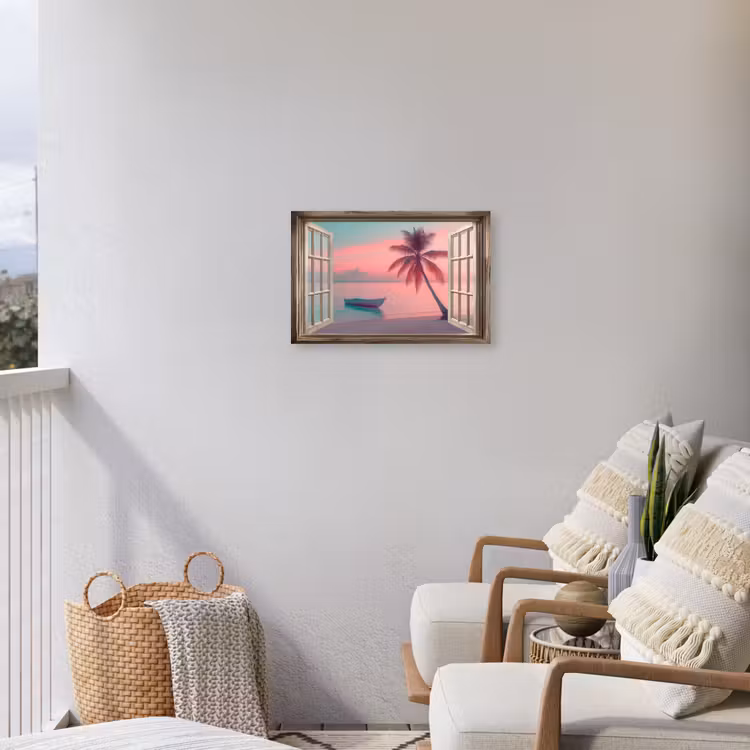 Doorkijk - Strand - Palmboom - Tropisch Tuinposter op houten frame 2 cm dik klein -sfeer1