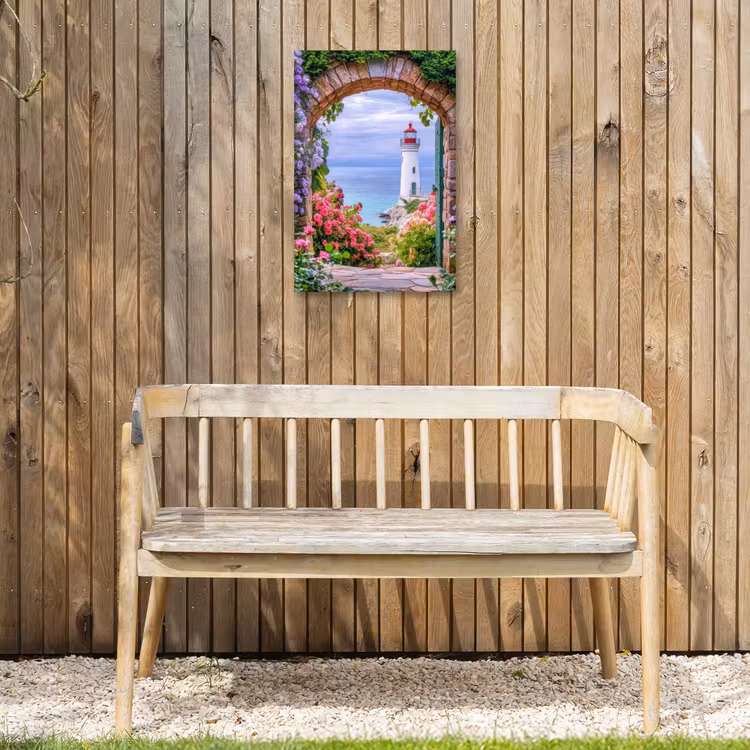 Doorkijk - Vuurtoren - Bloemen - Uitzicht Tuinposter op houten frame 2 cm dik klein -sfeer4