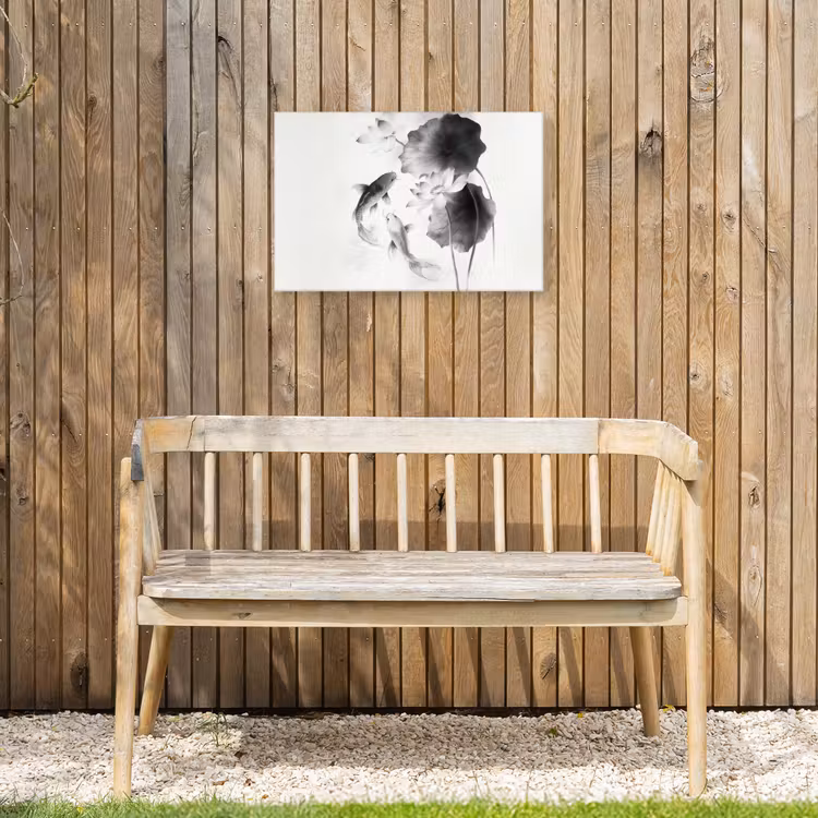 Lotusbloemen - Vissen - Bladeren - Zwart Tuinposter op houten frame 2 cm dik klein -sfeer4