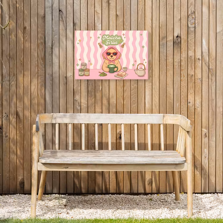 Matcha - Hond - Roze - Groen Tuinposter op houten frame 2 cm dik klein -sfeer4