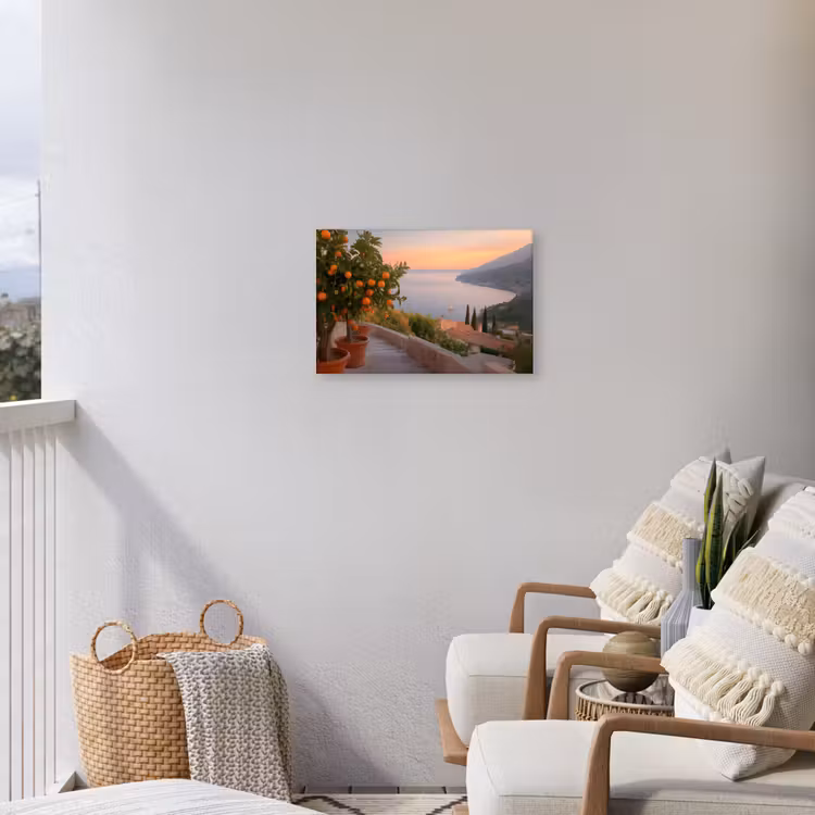 Middelandse zee - Sinaasappel - Heuvels - Zee Tuinposter op houten frame 2 cm dik klein -sfeer1