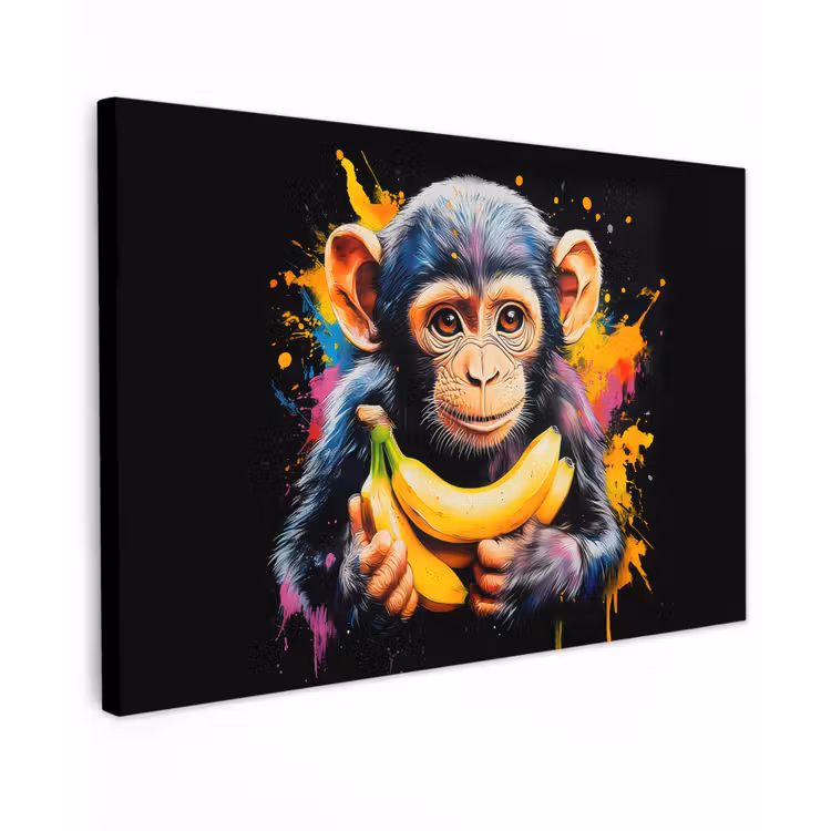 Aap - Graffiti - Kleurrijk - Bananen - Modern Tuinposter op houten frame 2 cm dik klein -3d