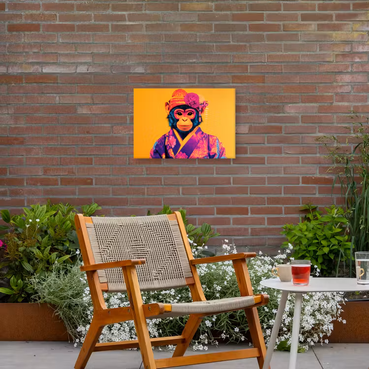 Aap - Kimono - Bloemen - Hoofdtooi Tuinposter op houten frame 2 cm dik klein -sfeer3