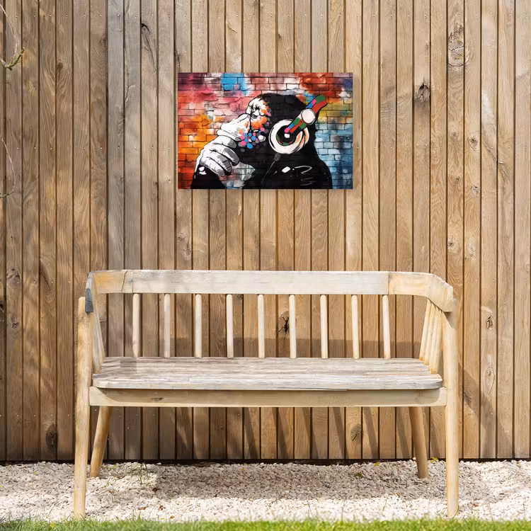 Aap met Koptelefoon Tuinposter op houten frame 2 cm dik klein -sfeer4
