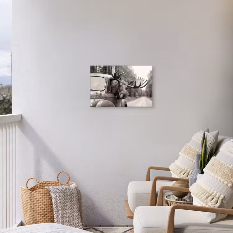 Eland - Auto - Gewei - Zwart - Wit Tuinposter op houten frame 2 cm dik klein -sfeer1