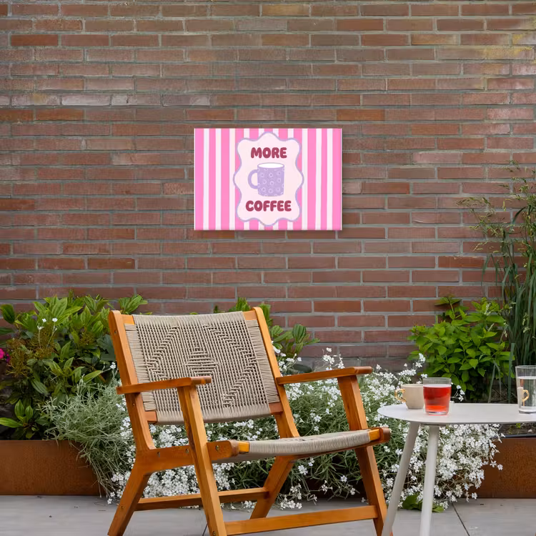 More coffee - Roze - Paars - Strepen - Mok Tuinposter op houten frame 2 cm dik klein -sfeer3