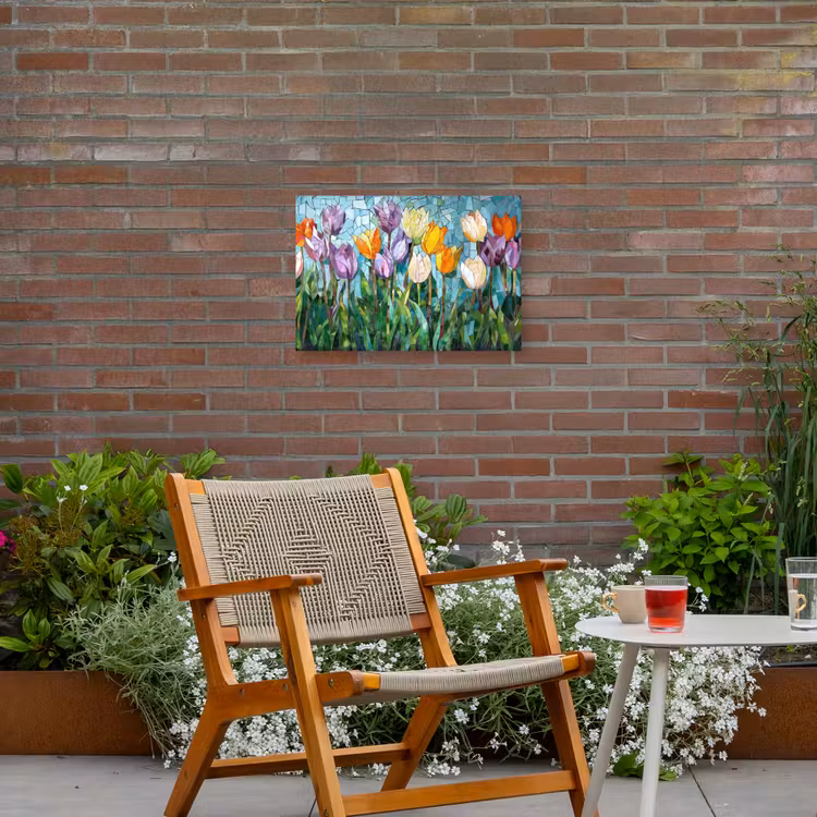Mozaïek - Veld - Tulpen - Kleurrijk Tuinposter op houten frame 2 cm dik klein -sfeer3