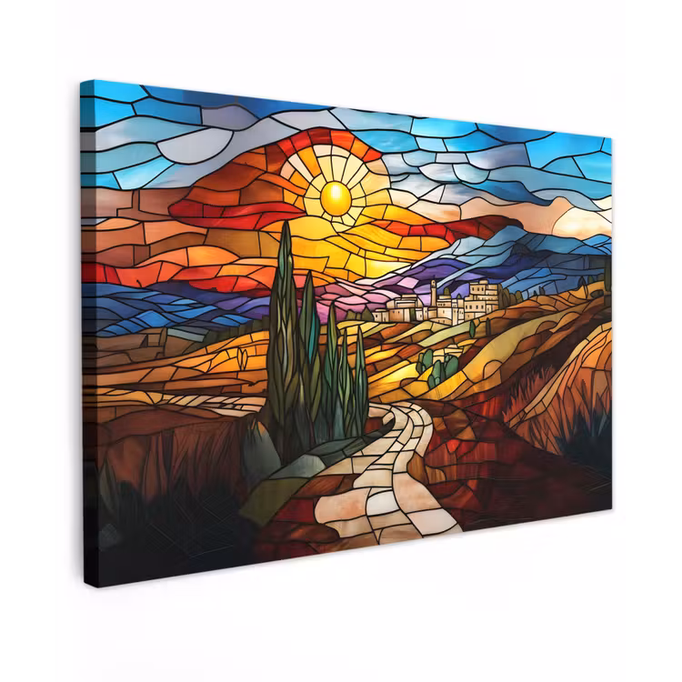 Mozaïek - Zon - Landschap - Dorp Tuinposter op houten frame 2 cm dik klein -3d