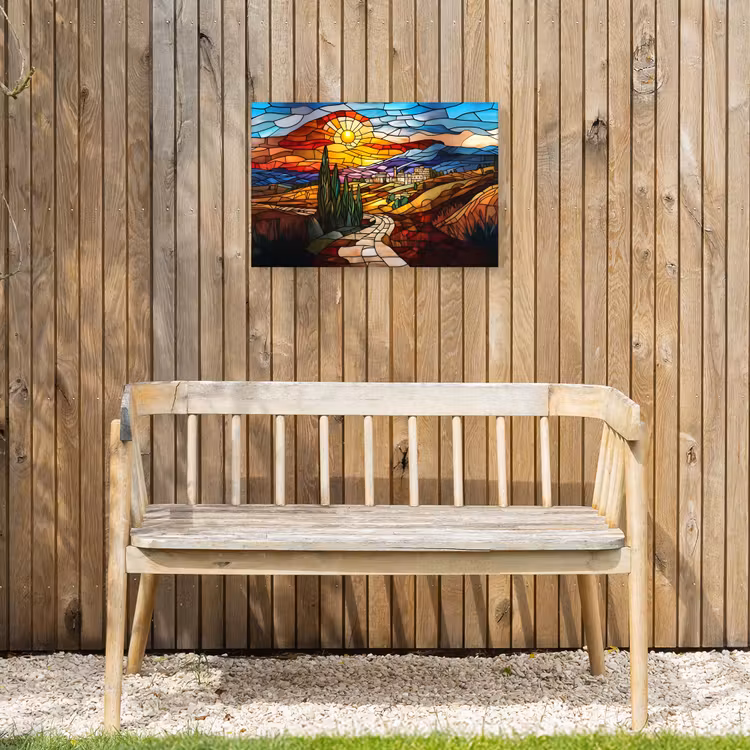 Mozaïek - Zon - Landschap - Dorp Tuinposter op houten frame 2 cm dik klein -sfeer4