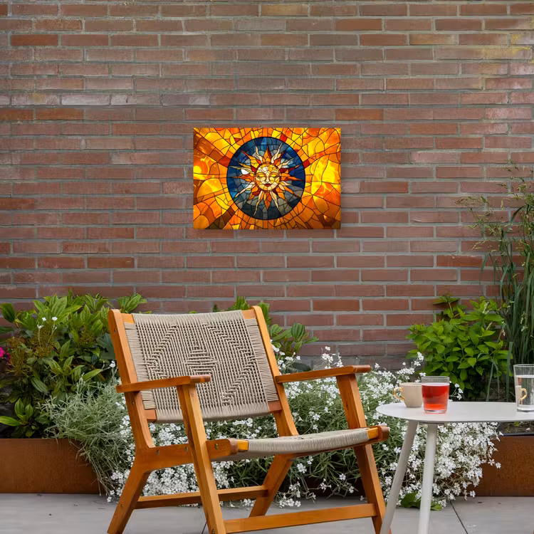 Mozaïek - Zon - Geel - Cirkel Tuinposter op houten frame 2 cm dik klein -sfeer3