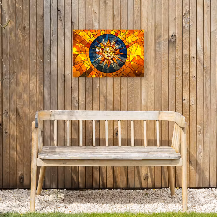 Mozaïek - Zon - Geel - Cirkel Tuinposter op houten frame 2 cm dik klein -sfeer4