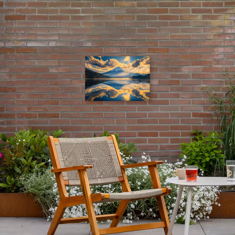 Berg - Rivier - Zonsondergang Tuinposter op houten frame 2 cm dik klein -sfeer3