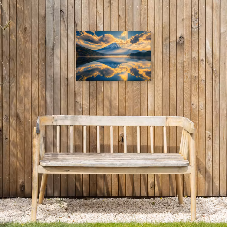 Berg - Rivier - Zonsondergang Tuinposter op houten frame 2 cm dik klein -sfeer4