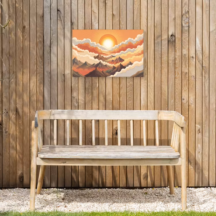 Bergen - Wolken - Natuur - Zonsopgang - Oranje Tuinposter op houten frame 2 cm dik klein -sfeer4