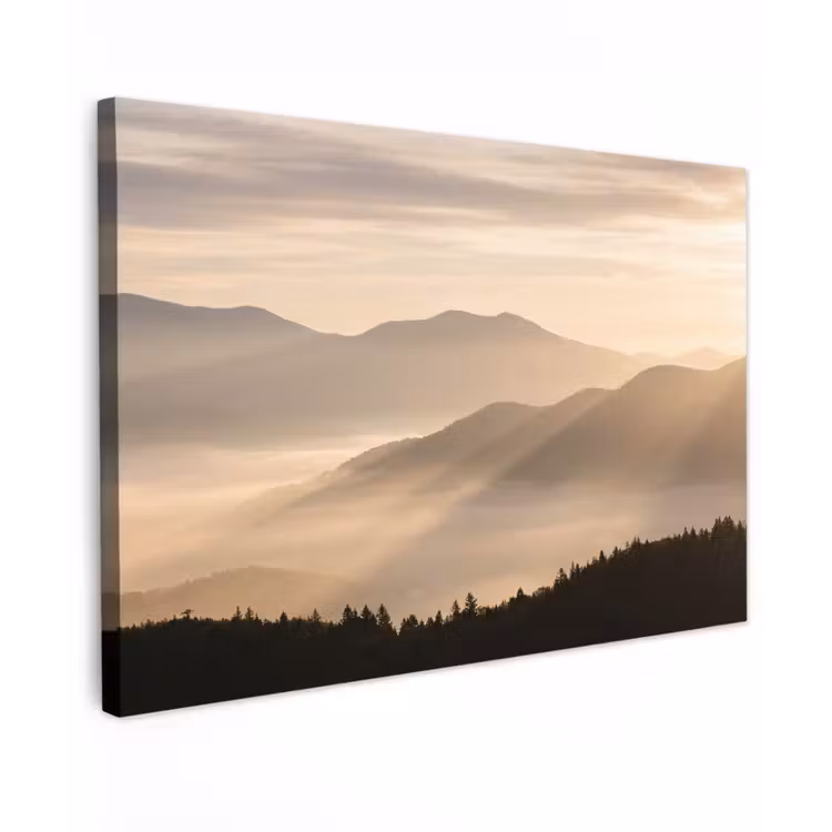 Bergen - Mist - Zonnestralen Tuinposter op houten frame 2 cm dik klein -3d