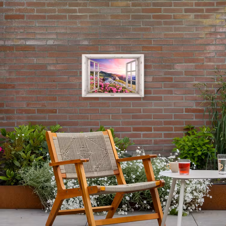 Bergen - Landschap - Doorkijk - Bloemen - Avond - Roze Tuinposter op houten frame 2 cm dik klein -sfeer3