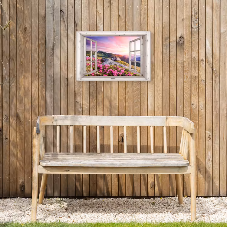 Bergen - Landschap - Doorkijk - Bloemen - Avond - Roze Tuinposter op houten frame 2 cm dik klein -sfeer4