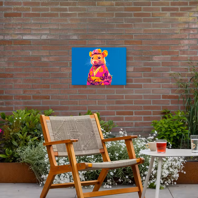 Muis - Kimono - Bloemen - Blauw Tuinposter op houten frame 2 cm dik klein -sfeer3