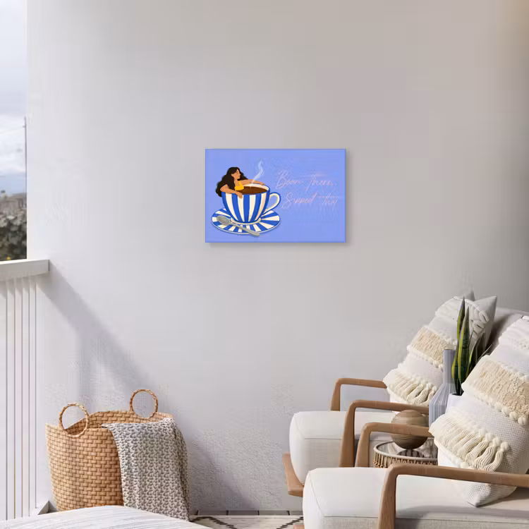 Mok - Koffie - Vrouw - Paars Tuinposter op houten frame 2 cm dik klein -sfeer1