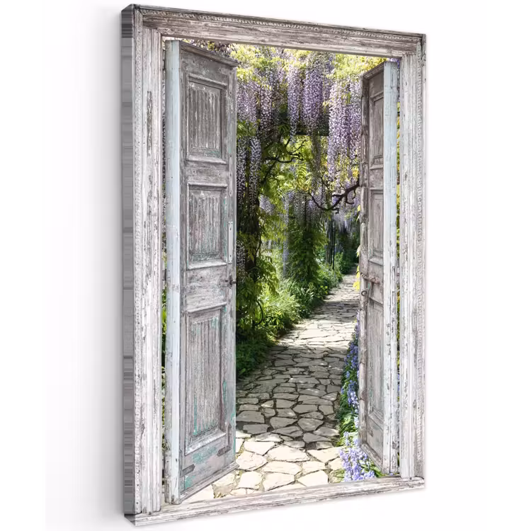 Oude deuren naar een tuinpad Tuinposter op houten frame 2 cm dik klein -3d