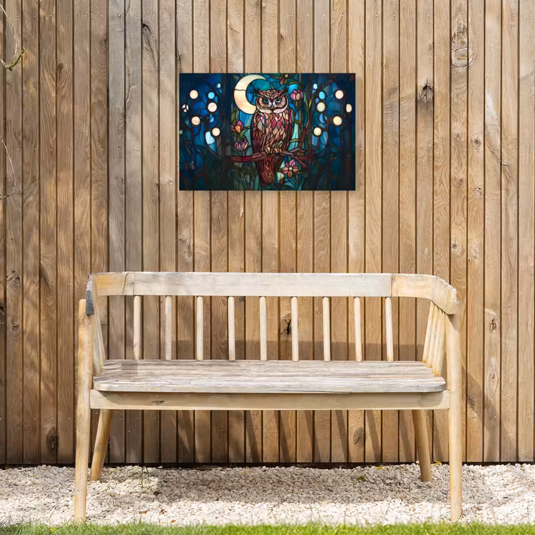 Uil - Mozaïek - Maan - Nacht Tuinposter op houten frame 2 cm dik klein -sfeer4