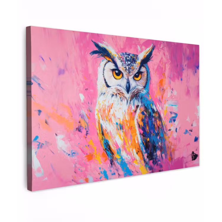 Uil - Roze - Blauw - Verf - Abstract Tuinposter op houten frame 2 cm dik klein -3d