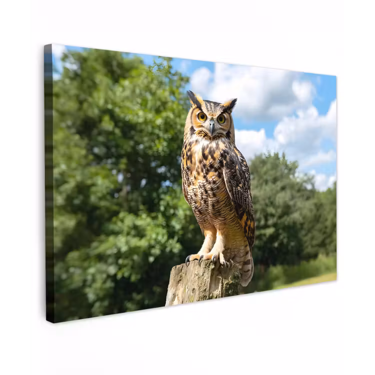 Uil - Boomstronk - Bos - Lucht Tuinposter op houten frame 2 cm dik klein -3d