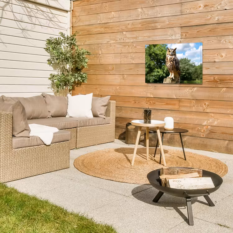 Uil - Boomstronk - Bos - Lucht Tuinposter op houten frame 2 cm dik klein -sfeer2