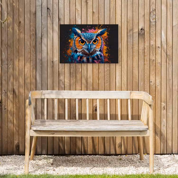 Uil met Intense Blik Tuinposter op houten frame 2 cm dik klein -sfeer4