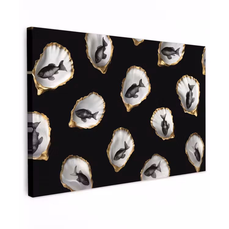 Oesters - Zwart - Vissen - Goud Tuinposter op houten frame 2 cm dik klein -3d