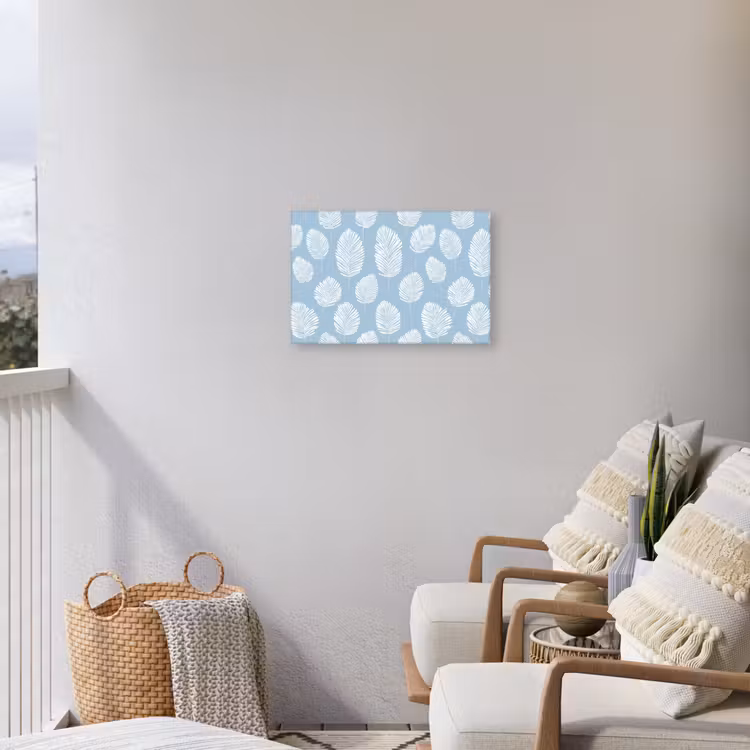 Palmbladeren - Naadloos - Patroon - Pastelblauw Tuinposter op houten frame 2 cm dik klein 845 -sfeer1
