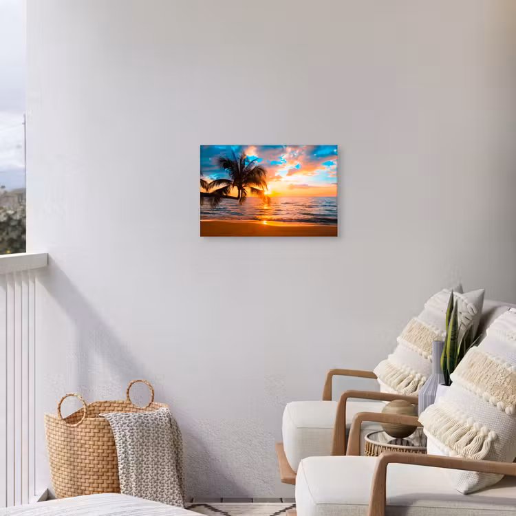 Palm - Zonsondergang - Horizon - Strand - Zee - Tropisch Tuinposter op houten frame 2 cm dik klein -sfeer1
