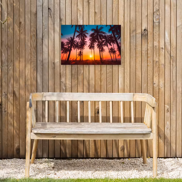 Palmboom - Zonsondergang - Horizon - Strand - Oranje - Roze Tuinposter op houten frame 2 cm dik klein -sfeer4