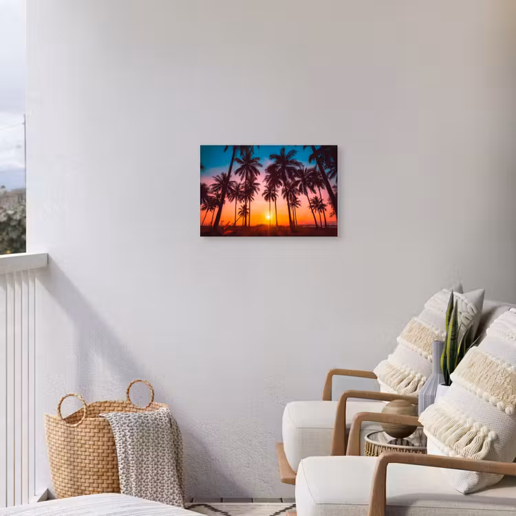 Palmboom - Zonsondergang - Horizon - Strand - Oranje - Roze Tuinposter op houten frame 2 cm dik klein -sfeer1