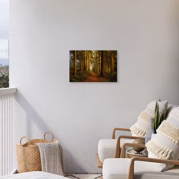 Pad door majestueus dennenbos Tuinposter op houten frame 2 cm dik klein -sfeer1