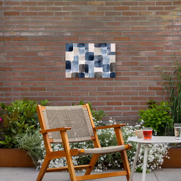 Patroon - Blauw - Vierkanten Tuinposter op houten frame 2 cm dik klein -sfeer3
