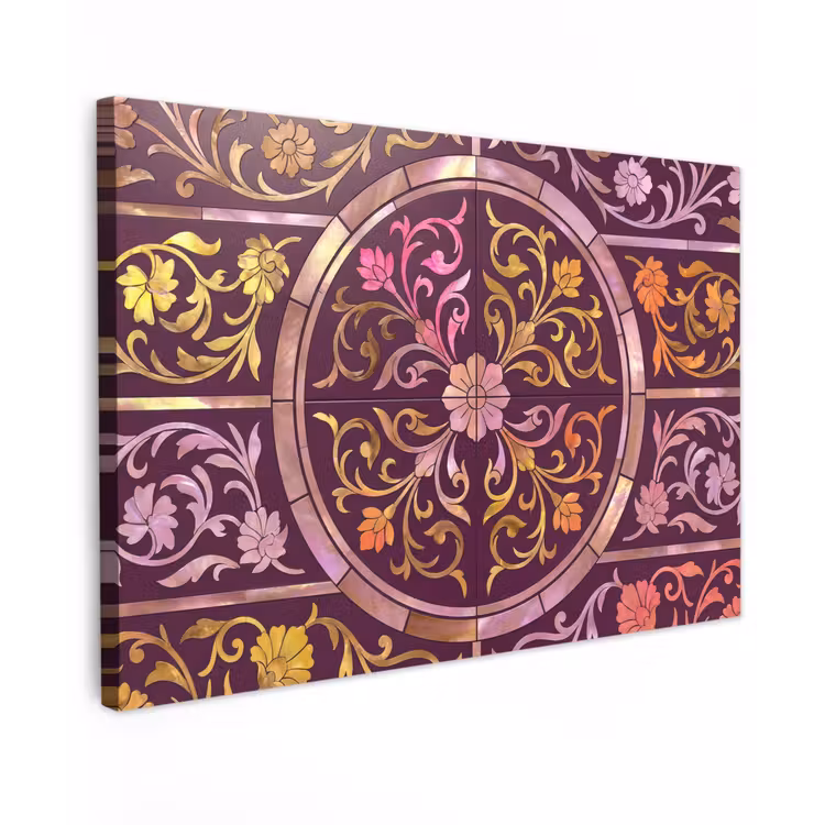 Patroon - Floraal - Oosters - Paars - Goud Tuinposter op houten frame 2 cm dik klein -3d