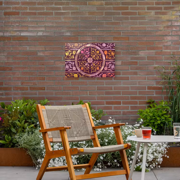 Patroon - Floraal - Oosters - Paars - Goud Tuinposter op houten frame 2 cm dik klein -sfeer3