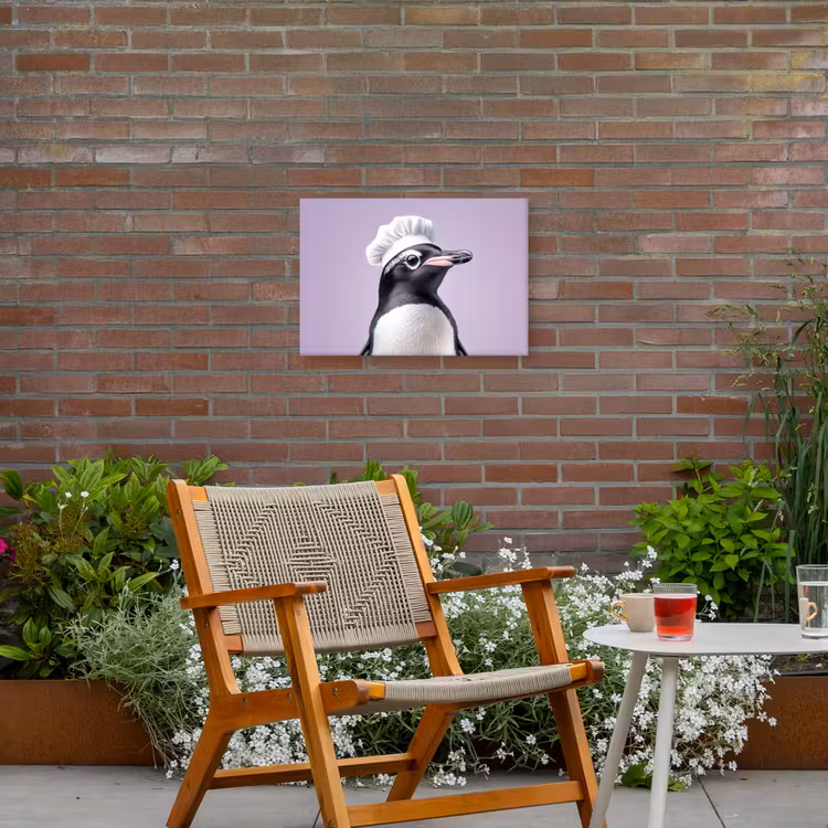 Pinguïn - Koksmuts - Lief - Paars Tuinposter op houten frame 2 cm dik klein -sfeer3