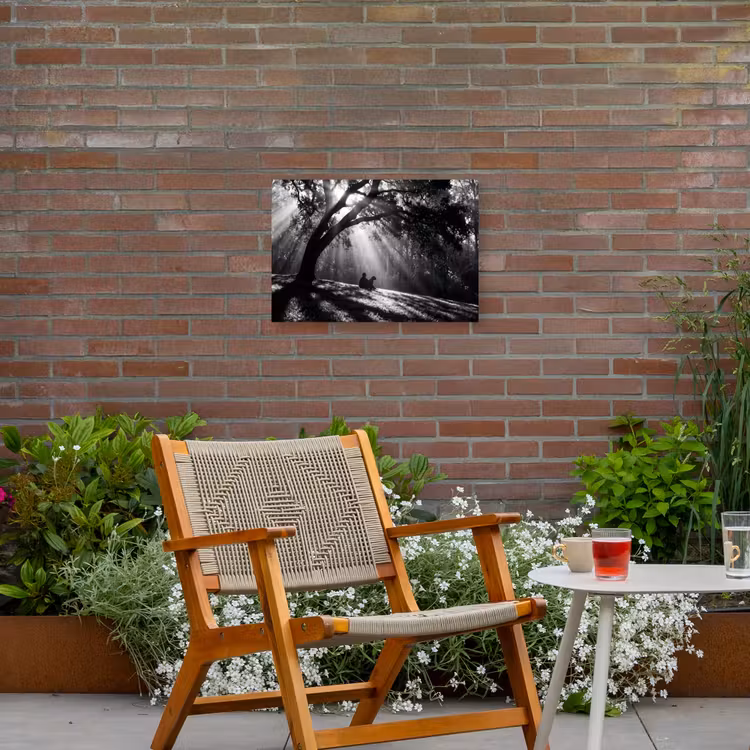 Mens - Hond - Natuur - Zwart-wit - Silhouet Tuinposter op houten frame 2 cm dik klein -sfeer3