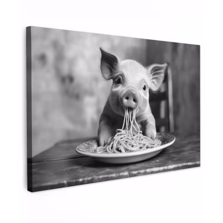 Varken - Schattig - Spaghetti - Zwart wit - Dier Tuinposter op houten frame 2 cm dik klein -3d