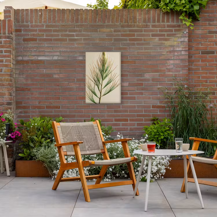 Dennentak - Naaldvormige bladeren - Lichtgroen Tuinposter op houten frame 2 cm dik klein -sfeer3