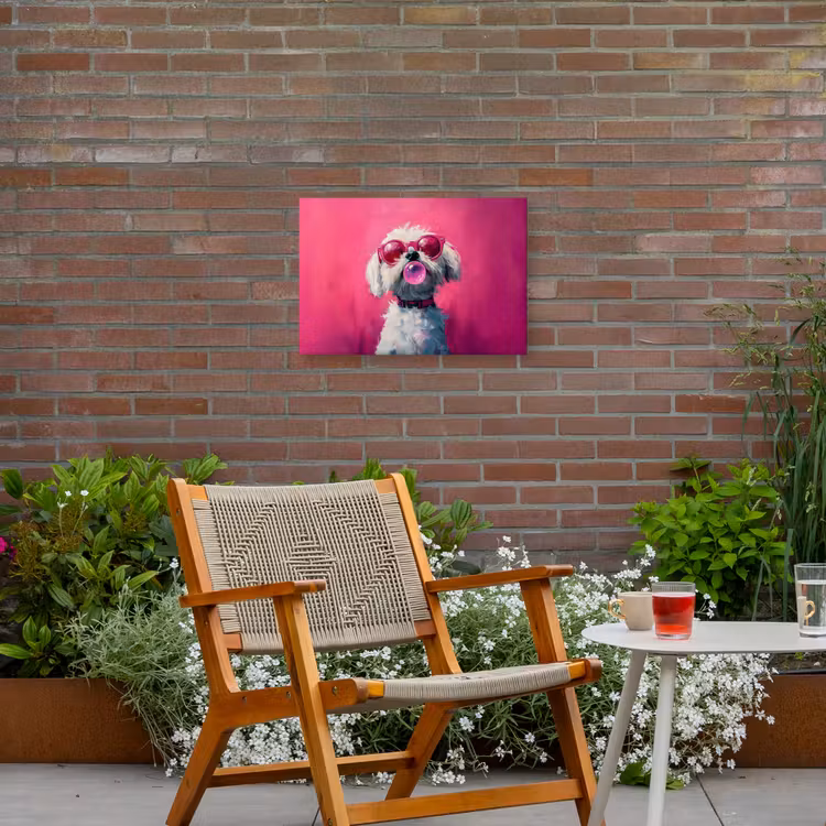 Pink - Hond - Bubbel Tuinposter op houten frame 2 cm dik klein -sfeer3