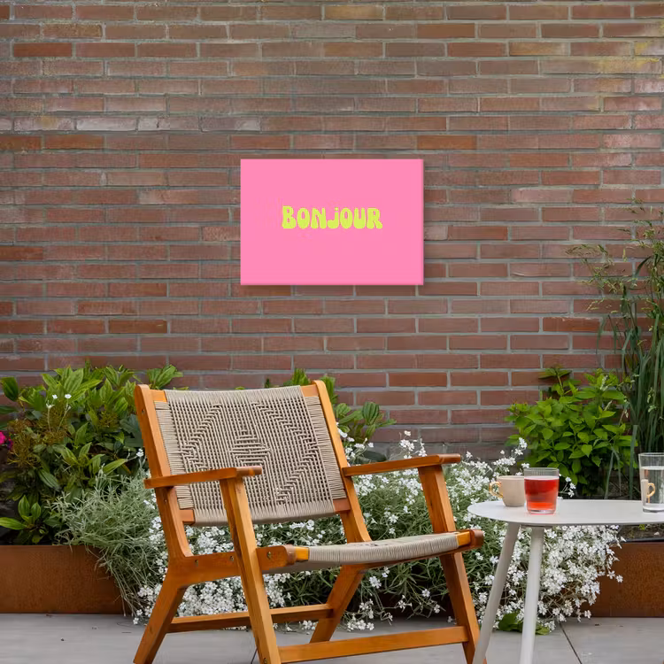 Roze - Groene bonjour - Organisch Tuinposter op houten frame 2 cm dik klein -sfeer3