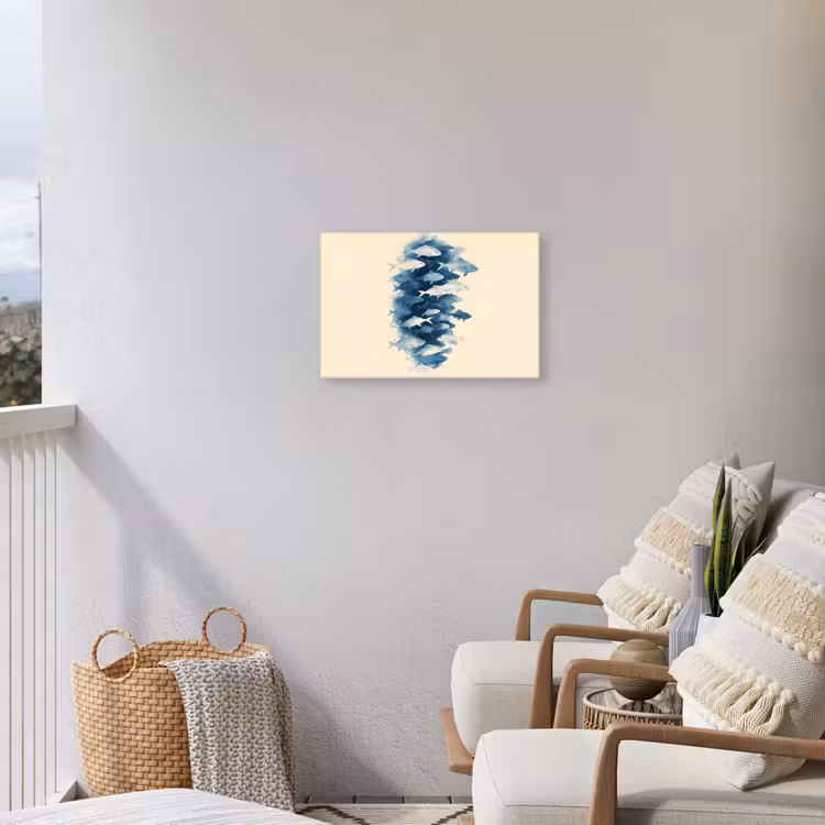 Vissen - Minimalistisch - Blauw Tuinposter op houten frame 2 cm dik klein -sfeer1