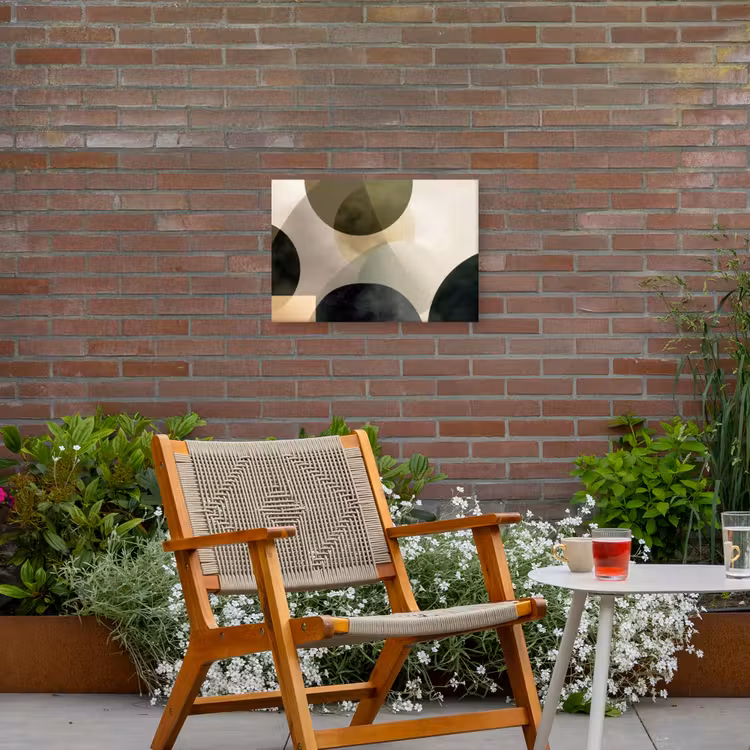Vlakken - Abstract - Beige - Cirkels Tuinposter op houten frame 2 cm dik klein -sfeer3