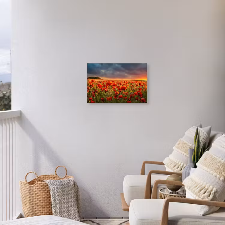 Klaprozenveld bij zonsondergang Tuinposter op houten frame 2 cm dik klein -sfeer1